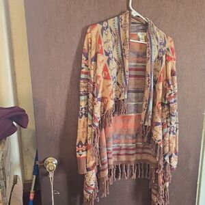 Tasha Polizzi Tan Multicolor Aztec Fringe Cardigan